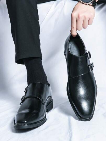 Sapatos Sociais Masculinos Clássicos Retrô de Tiras de Monge em Couro, Mocassins de Bico Fino com Fivela Dupla, Oxfords Confortáveis e Macios para Escritório, Negócios, Festa, Casamento, Combinar com Terno, Primavera/Verão/Outono, Plus Size