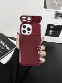 1pc Burgundy Mirror Stand Anti-Fall Phone Case, Minimalist Design, Compatible With IPhone X, XR, XS Max, 11, 12, 13, 13 Pro, 13 Pro Max, 14 Pro Max, 15, 15 Pro, 15 Plus, 15 Pro Max, 16, 16 Pro, 16 Plus, 16 Pro Max, Winter