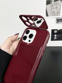 1pc Burgundy Mirror Stand Anti-Fall Phone Case, Minimalist Design, Compatible With IPhone X, XR, XS Max, 11, 12, 13, 13 Pro, 13 Pro Max, 14 Pro Max, 15, 15 Pro, 15 Plus, 15 Pro Max, 16, 16 Pro, 16 Plus, 16 Pro Max, Winter