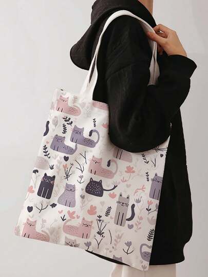 Bolso de hombro reversible con estampado de gato y perro, bolso de playa casual, bolso de compras reutilizable de gran capacidad, bolso de hombro casual para mujer, bolso de playa de lona de gran capacidad con estampado, bolso de hombro para compras de mujer con estilo artístico, mochila adecuada para mujeres o estudiantes, excelente para llevar libros, ir de compras, volver a la escuela y talla grande.