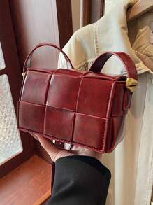 1 pieza Bolso cuadrado de mujer de punto simple en color rojo vino, versátil bolso cruzado retro definido, elegante bolso de piel tejida apto para uso diario, citas, regalo