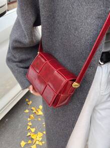 1 pieza Bolso cuadrado de mujer de punto simple en color rojo vino, versátil bolso cruzado retro definido, elegante bolso de piel tejida apto para uso diario, citas, regalo