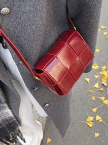 1 pieza Bolso cuadrado de mujer de punto simple en color rojo vino, versátil bolso cruzado retro definido, elegante bolso de piel tejida apto para uso diario, citas, regalo