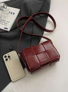 1 pieza Bolso cuadrado de mujer de punto simple en color rojo vino, versátil bolso cruzado retro definido, elegante bolso de piel tejida apto para uso diario, citas, regalo