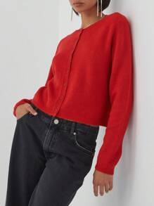 Women's Solid Color Cardigan Long Sleeve Round Neck Button Down Sweater Knit Tops - Red - View 6