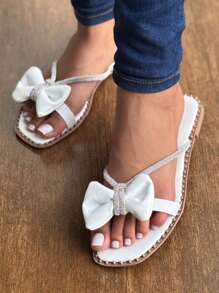 Women's Flat Sandals With Bow Strap And Rhinestones Elegance And Comfort - trắng - Xem 4