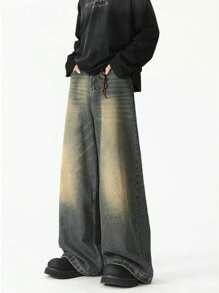 1 pieza Pantalones vaqueros anchos y versátiles con efecto desgastado vintage y lavado para hombre