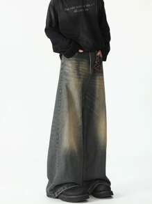 1 pieza Pantalones vaqueros anchos y versátiles con efecto desgastado vintage y lavado para hombre