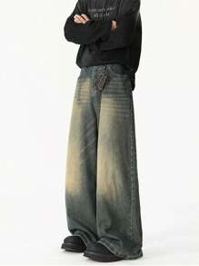 1 pieza Pantalones vaqueros anchos y versátiles con efecto desgastado vintage y lavado para hombre