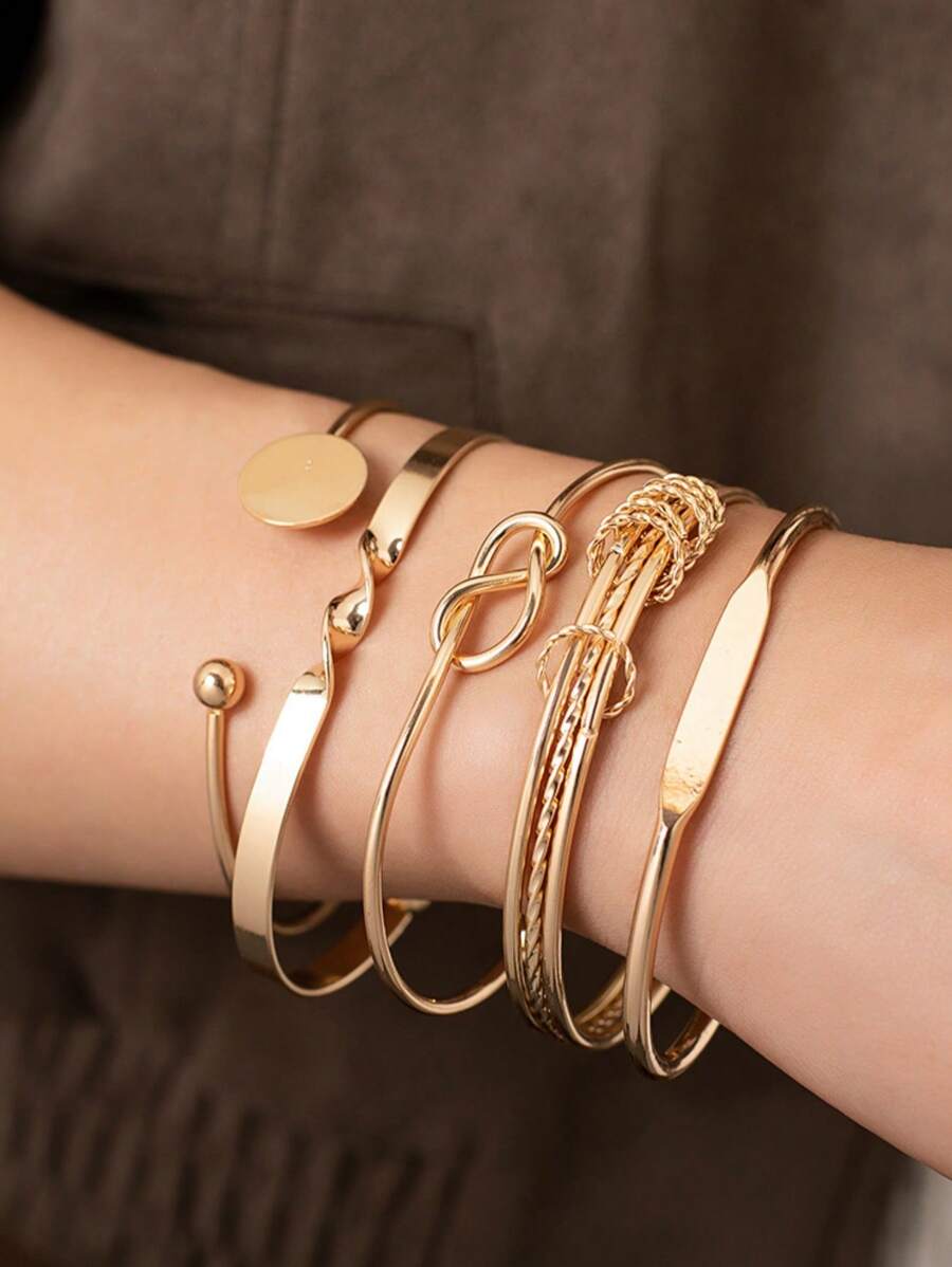 5pcs Set Minimalist Chain Bracelet, Fashionable Gold Mixed Open Knot Bangle Wristband, Suitable For Wedding, Party, Music Festival, Holiday Wear - Gold - View 1