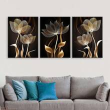 3pcs Modern Golden Flower Plant Decorative Painting, Abstract Flower Canvas Posters, Floral Botanical Wall Art Poster Prints, Luxury Style Minimalist Wall Picture, For Living Room Bedroom Home Decoration, Frameless Gifts Birthday Graduation