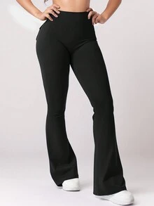 Plus Size Solid Color High Waist Button Minimalist Casual Skinny Flare Pants - Black - View 2