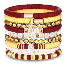 9pcs Set Women's Stackable Elastic Sports Bracelets, Sporty Soft Ceramic Beaded Football Fan Jewelry, Suitable For Daily And Sports Use