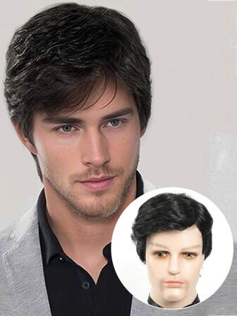 Moderiktig peruk med kort lager textur för män med lugg, naturlig svart färg, 10 tum, lämplig för dagligt bruk Halloween kostymperuk