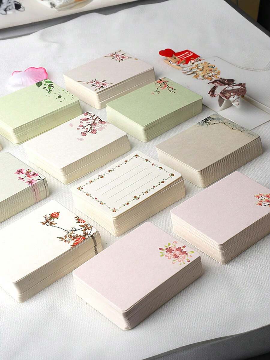 20pcs Rounded Corner Blank Diy Card, Thick Paper Word & Flower Pattern Card For Graffiti, White Kraft Paper Small Card
