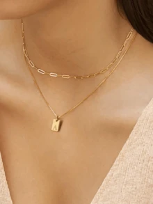 Dây chuyền chữ cái tiếng Anh nhiều lớp 2 chiếc/1 chiếc, Dây chuyền mặt chữ cái đầu mạ vàng 18K, Quà tặng trang sức may mắn cho cả nam và nữ, Chống thấm nước và chống phai màu, Thích hợp cho Giáng sinh, Ngày lễ tình nhân - vòng cổ thư - Xem 8