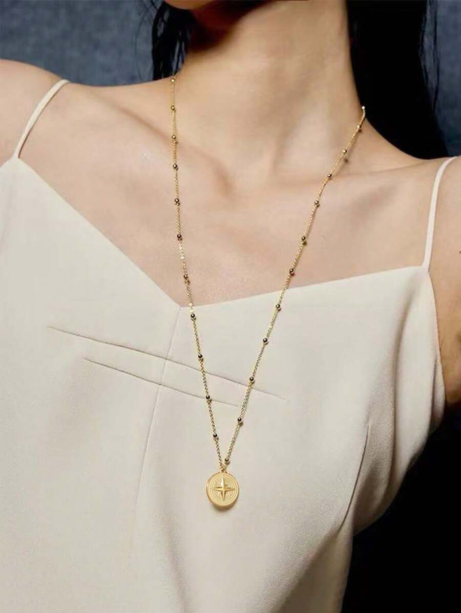 1pc Stainless Steel 18K Gold Plated Sun Star Pendant Necklace, Fashion Elegant Gift For Daily Decoration And Street Style