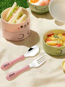 2pcs Personalized 304 Stainless Steel Cutlery Set, Customized Name Spoon, Fork, Knife, Cute Bear Pattern Toddler Utensils - Style 1 - View 7