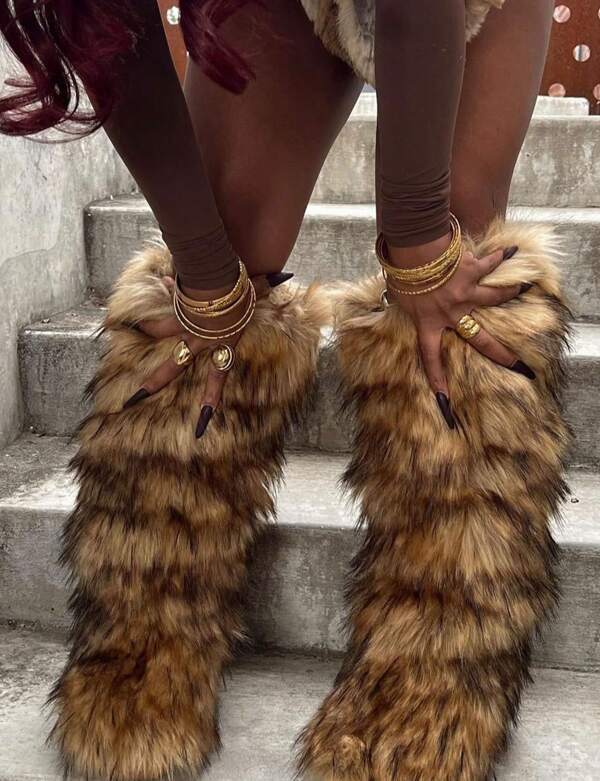 Winter Knee High Boots For Women Pull-On Faux Fur Boots Furry Fluffy Round Toe Fashion Boots Suede Comfy Plush Warm Knee High Boots Outdoor Indoor Flat Shoes Party Dressy Women Winter Boots