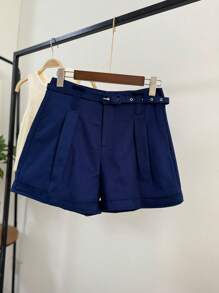 ISADORA MODA Women's Twill Shorts, With Pocket And Belt, Solid Color - 藏蓝色 - 查看 5