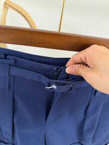 ISADORA MODA Women's Twill Shorts, With Pocket And Belt, Solid Color - 藏蓝色 - 查看 3