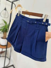 ISADORA MODA Women's Twill Shorts, With Pocket And Belt, Solid Color - 藏蓝色 - 查看 6