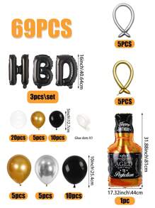 69 件/套金色“生日快乐”铝箔字母气球、黑色/银色/金色五彩纸屑乳胶气球、威士忌酒瓶装饰、HBD 字母气球架、生日派对装饰、家庭派对背景用品、圣诞节 - 彩色 - 查看 3