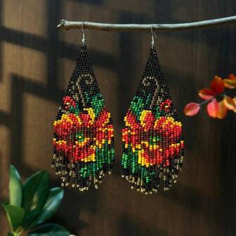 Blomsterinspirerade pärlörhängen, bohemisk stil frönpärlor tofsörhängen, handgjorda glaspärlor vävda örhängen för kvinnor, smycken för dagligt bruk och julklappar Alla hjärtans dag