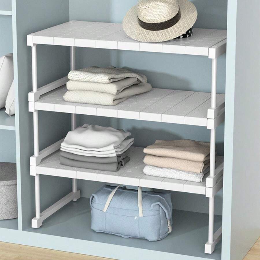 Adjustable White Wardrobe Rack Shelf Storage Organizer With Bracket For Cabinet, Closet, Shoe Rack Bedroom, Organizer, Home Storage, For White T-Shirt Women, Black Pants Women, Ladies Winter Clothes, Dress, Winter Clothes For Ladies, Elegant Woman Dresses, White Shirt For Ladies, Long Sleeve, White Jumpsuit For Women, Spring Dresses For Women, Spring Outfits For Women, Spring, Spring Clothes, Minimalist, Summer Tops Storage - Red and White - View 1