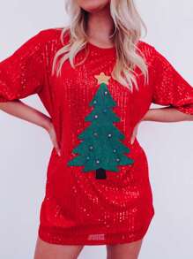 Women's Christmas Mini T-Shirt Dress Sequin Christmas Tree Pattern Short Sleeve Round Neck Loose Short Dress - Màu Đỏ Sâu - Xem 3