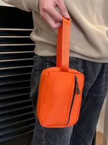 纯色尼龙手提包，带腕带拉链开合，时尚百搭休闲简约男士手拿包男士度假礼物旅行圣诞钱包节日感恩节冬季多功能户外便携时尚休闲学生徒步旅行手提包趣味礼物零钱包男士礼物大容量笔记本电脑多功能爸爸礼物男友礼物男士胸包男士侧包挎包皮包流浪包臀包 - 橘色 - 查看 3