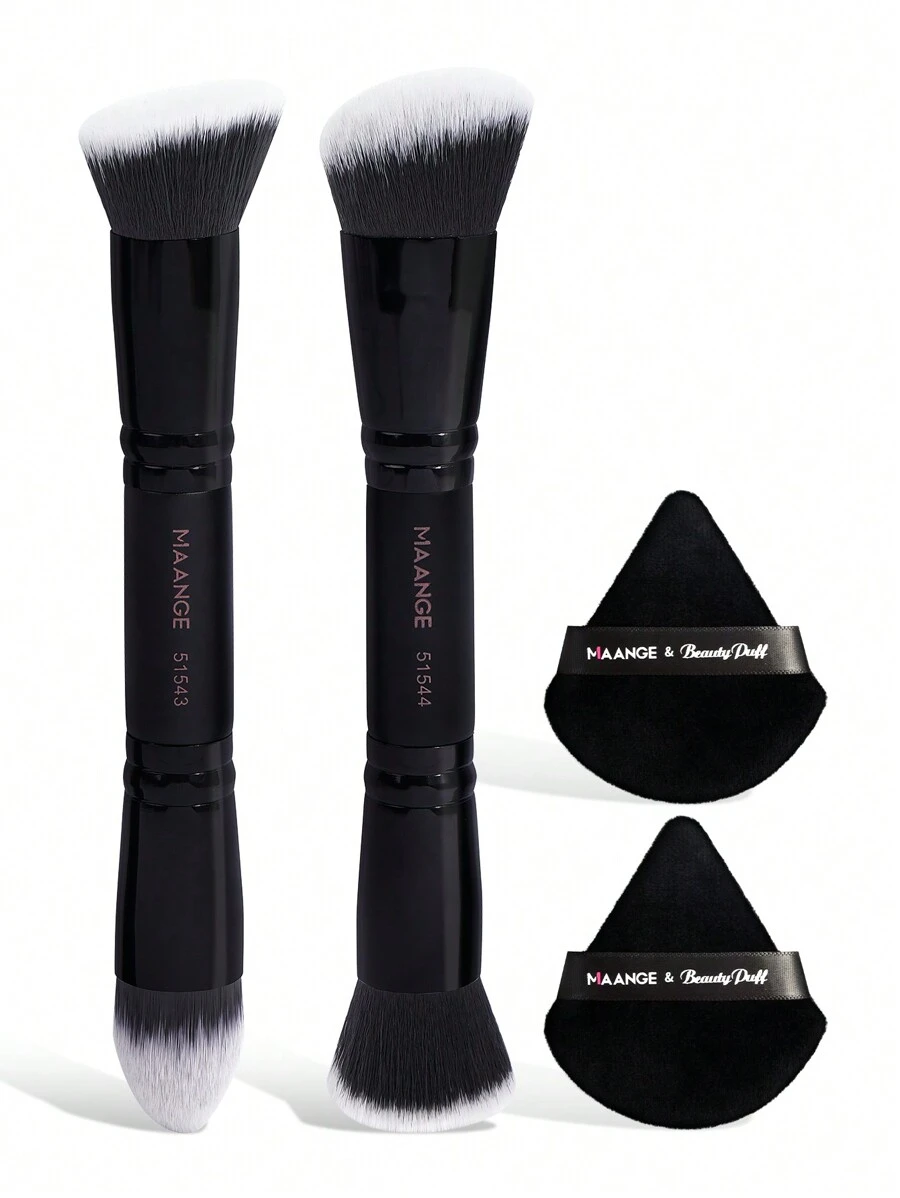 MAANGE 4Pcs Professional Makeup Brush Set With 2pcs Makeup Brush Set &2pcs Loose Powder Puff,Double Head Soft Foundation Brush,Blush Brush,Powder Brush,Concealer Brush,Contour Brush,Makeup Brush With Soft Fiber For Easy Carrying,Brush For Travel,Gift For Women&Girls - 黑色 - 查看 1