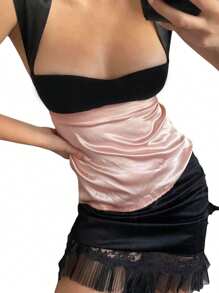 Ladies Summer Splicing Camisole, Women Leisure Style Contrast Color Low Cut Back Tie Up Sleeveless Backless Slim Tops - Rosa - Ver 2
