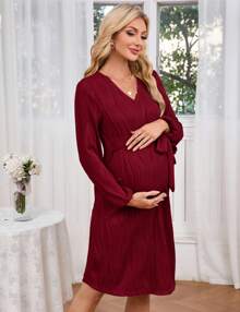 GoyRrbay Women Long Sleeve Maternity Nursing Dress Casual V Neck Breastfeeding Ribbed Knit Belt Pregnancy Dresses - Màu Đỏ Sâu - Xem 5