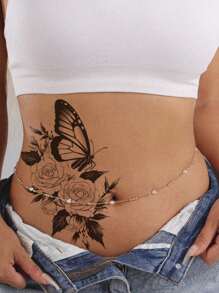 2pcs Waterproof Temporary Tattoo Stickers, Sexy Butterfly & Rose Floral Designs, For Women's Waist & Thigh, Black Butterfly Rose Pattern Paper Tattoo, Applicable For Arms, Legs, Waist, Back, Realistic One-Time Fake Tattoo Stickers - Black - View 7