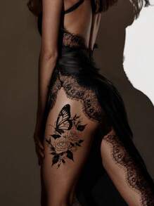 2pcs Waterproof Temporary Tattoo Stickers, Sexy Butterfly & Rose Floral Designs, For Women's Waist & Thigh, Black Butterfly Rose Pattern Paper Tattoo, Applicable For Arms, Legs, Waist, Back, Realistic One-Time Fake Tattoo Stickers - Black - View 6