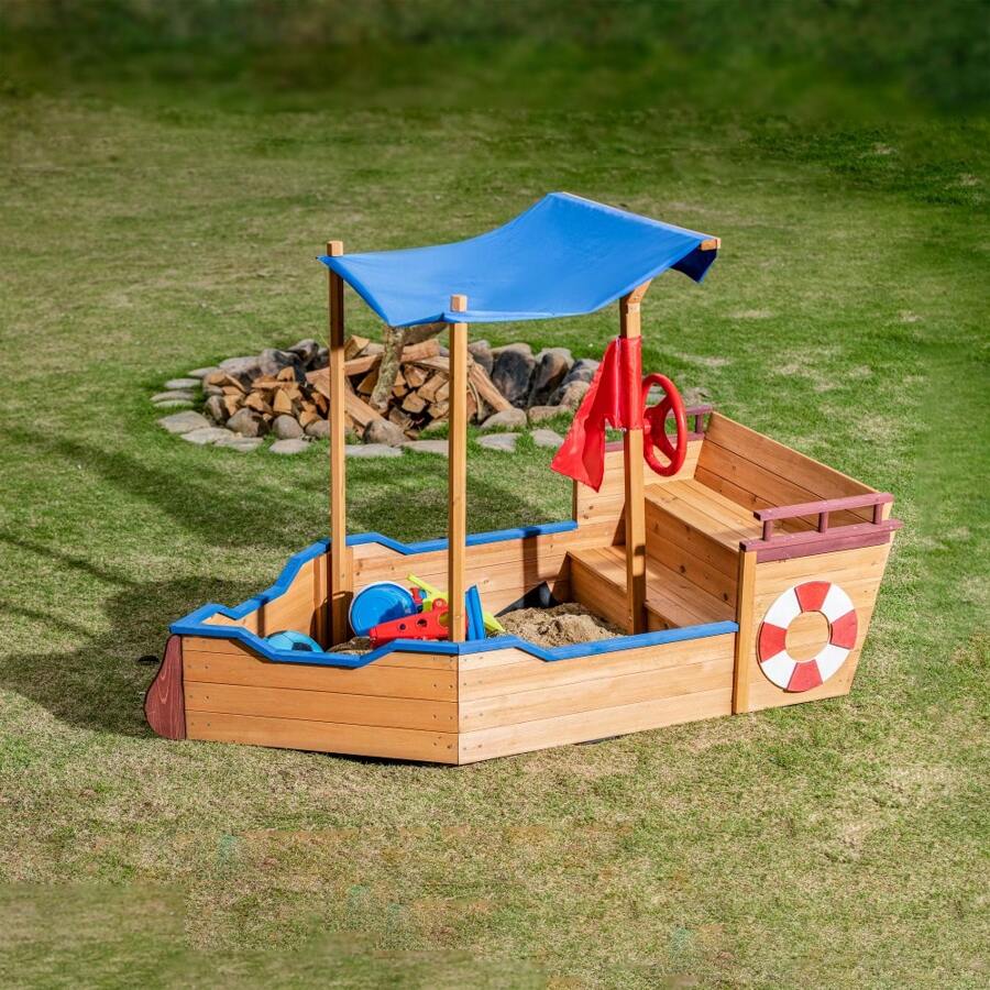 Outsunny Pirate Ship Sandbox With Cover And Rudder, Wooden Sandbox With Storage Bench And Seat, Outdoor Toy For Kids Ages 3-8 Years Old Christmas Party Gifts - 1 - 查看 1
