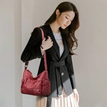 纯色百搭刺绣线女士单肩斜挎包 - 紅色 - 查看 1