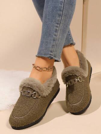 Soft Bottom Plush Warm Slip-On Flats, New Casual Anti-Slip Fashionable Ladies Shoes