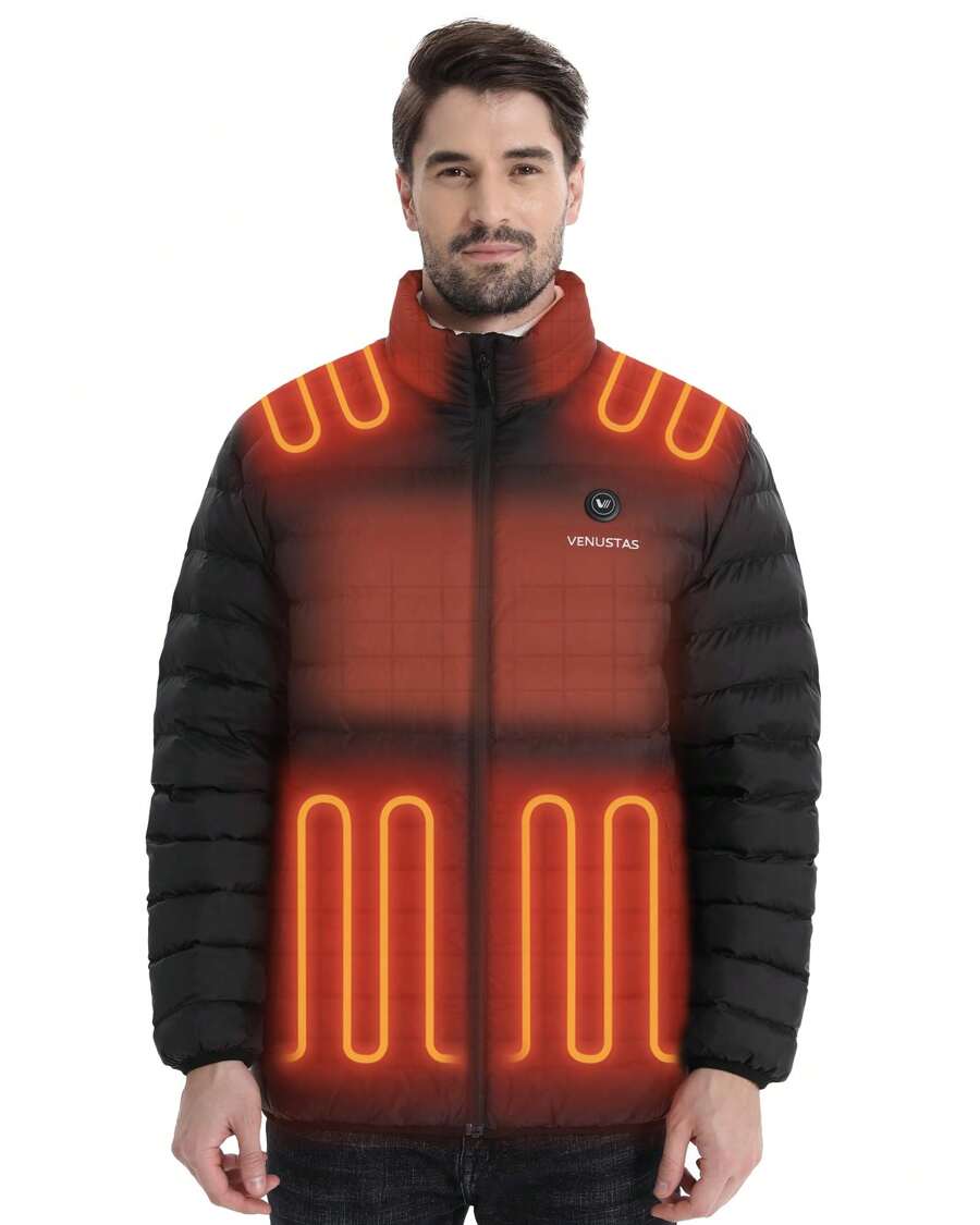 Venustas Men's Lightweight Heated Jacket With Battery, 6-Zone Electric Heated Puffer Jacket For Outdoor Hiking And Camping - 黑色 - 查看 1