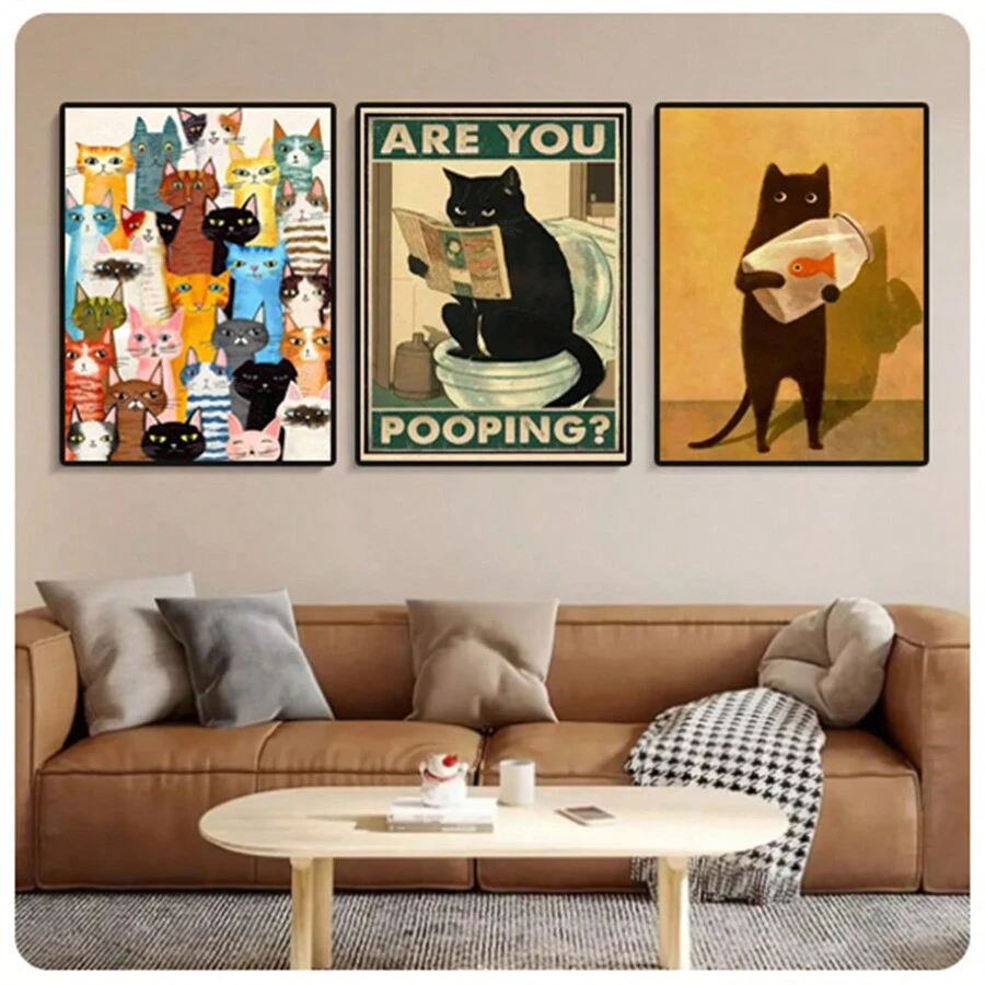 1 tấm áp phích nghệ thuật treo tường màu, tranh vải canvas hình mèo ngộ nghĩnh, tranh trang trí nhà cửa, mèo hoạt hình trang trí phòng ngủ phòng khách, tranh vải canvas in, không khung - Nhiều màu - Xem 1