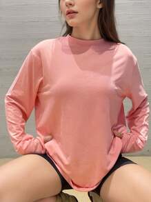 Small Shoulder Drop Long-Sleeve T-Shirt Solid Color Black Loose Casual