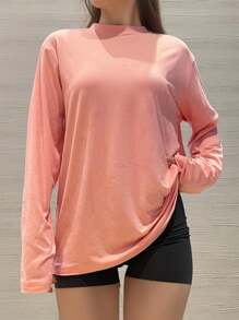 Small Shoulder Drop Long-Sleeve T-Shirt Solid Color Black Loose Casual
