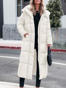 Women's Long Winter Coats Hooded Zip Up Casual Baggy Jackets Warm Clothes Outerwear - Màu be - Xem 5