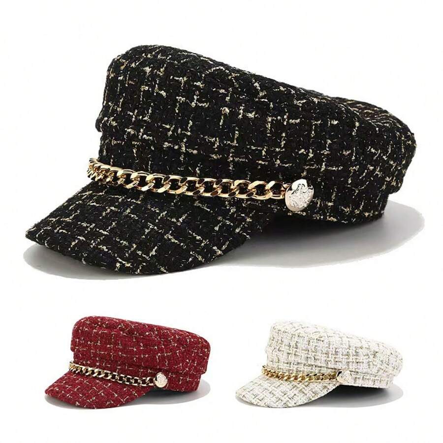 1pc Retro Beret Hat, British Style Plaid Flat Top Octagonal Casual Hat, Suitable For Women - Multicolor - View 1