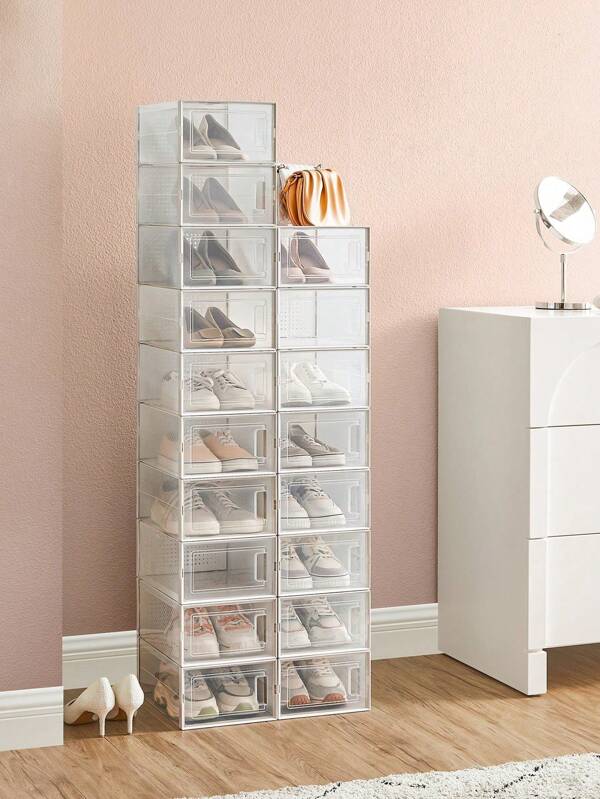 SONGMICS Boîtes à chaussures, Lot de 18, Rangement chaussures, pliable, pour pointure jusqu'à 46, Transparent et Blanc