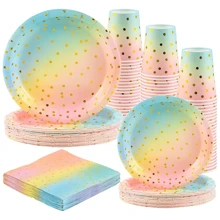 Set de 10 piezas / 20 piezas de platos de papel, servilletas y vajilla en diseño arcoíris pastel para decoración de fiestas, duchas nupciales, bodas, cumpleaños y fiestas de Navidad