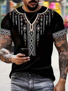 Vintage Motif Men's Créatif Digital Print Short Sleeve Round Neck T-Shirt, Outdoor Holiday Style, Breathable And Cool For Summer - Multicolore - Voir 1