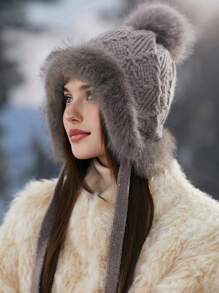 1 pezzo Cappello in maglia con cappuccio in peluche per donne, berretto con paraorecchie spesso e caldo, elegante e vintage, versatile per lo sci, adatto per esterno, sci, viaggi, feste, uso quotidiano, autunno/inverno