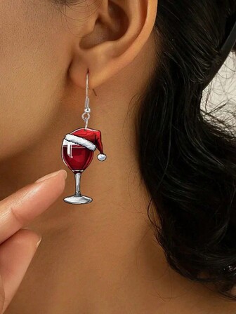 1 对女士圣诞酒杯吊坠耳环 - 卡通设计，送给她的完美节日礼物，圣诞装饰